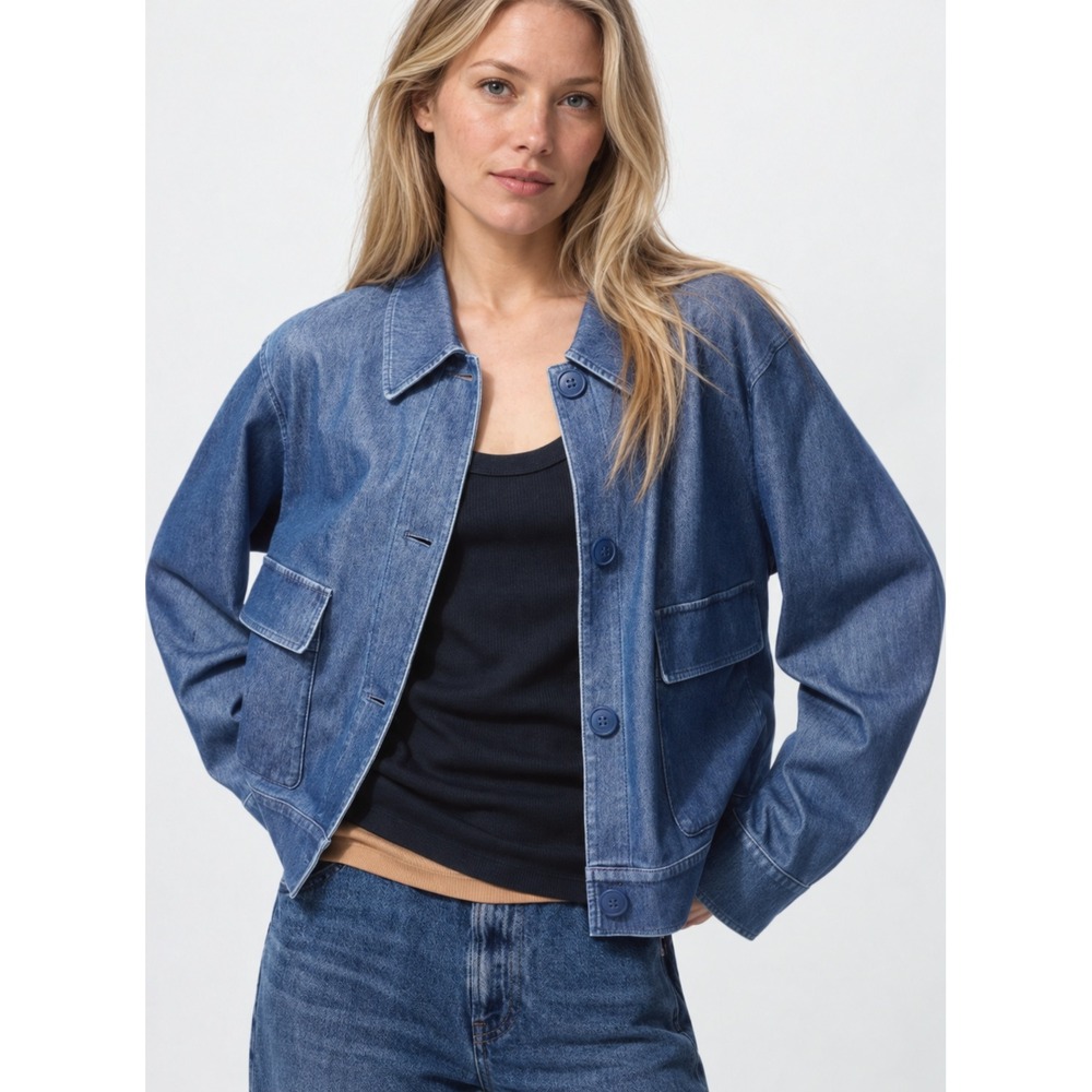 NEw Uniqlo Jersey Denim Look Jacket Utility Patch Pocket XS Workwear Boxy